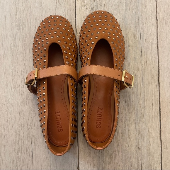 SCHUTZ Shoes - NWOT: SCHUTZ Eizas Brown Studded Flats with Bronze studs and buckle closure